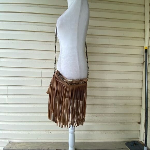 NWT NEW Brown Tan Beige Fringe Crossbody Purse Bag Chain Strap Boho Vibes - Picture 5 of 12